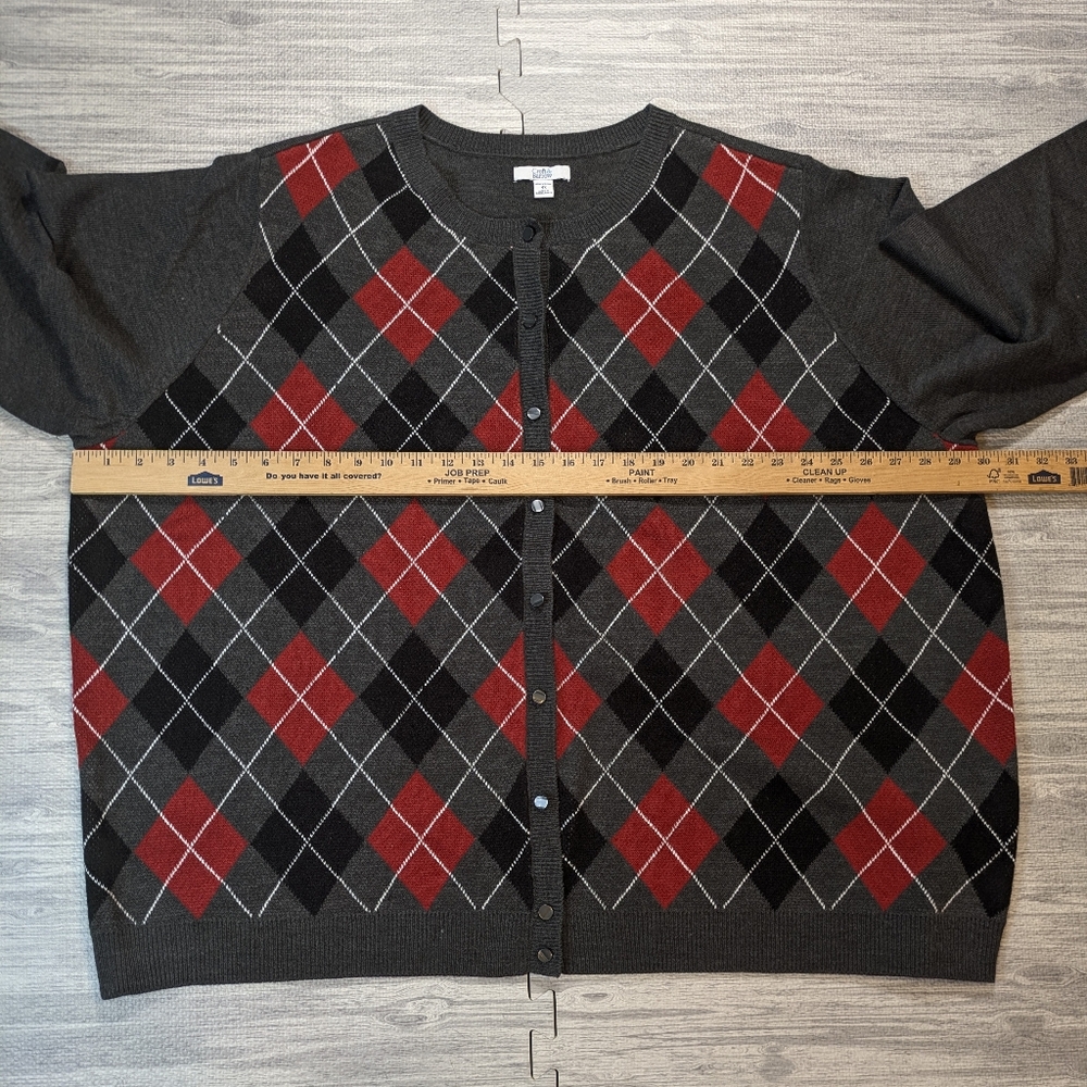 Croft & Barrow Women's Argyle Cardigan Charcoal Red Preppy Academia Classic 4X - Picture 5 of 9
